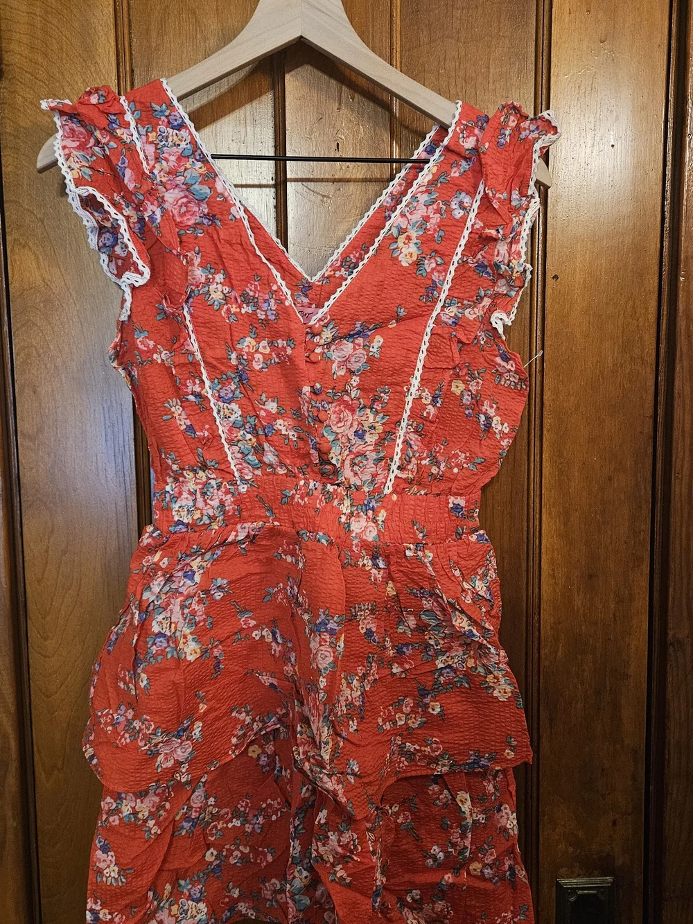 Betsey Johnson Red Floral V-Neck Mini Dress with Lace Trim - Picture 3 of 7